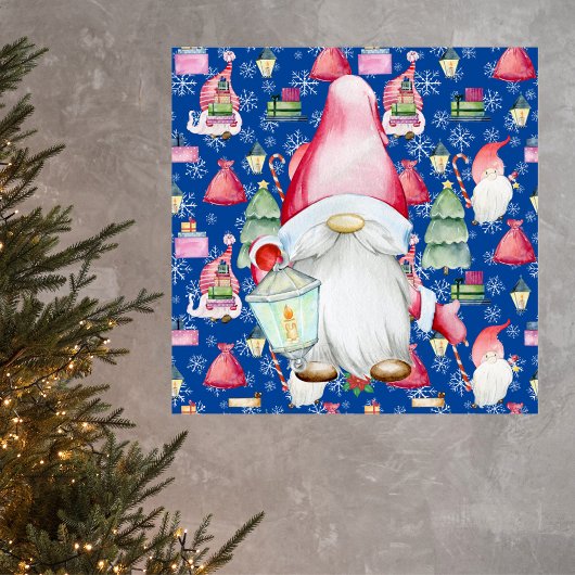 Kerstmis Santa Gnome & Blauwe Patroon Achtergrond Poster