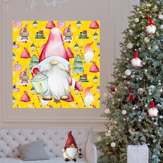 Kerstmis Santa Kabouter & Gele Patroon Achtergrond Poster