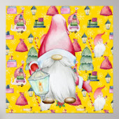 Kerstmis Santa Kabouter & Gele Patroon Achtergrond Poster (Voorkant)