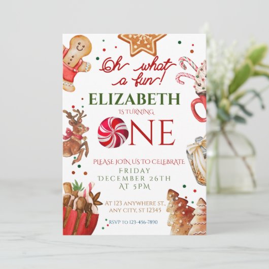 Kerstmis Santa Reindeer wat een leuke 1e Verjaarda Kaart (Staand voorkant)