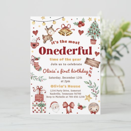 Kerstmis Santa Rendier Onederful 1e Verjaardag Kaart (Staand voorkant)