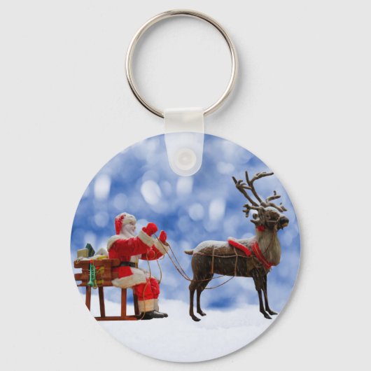 Kerstmis Santa Rendier Sledging Sneeuw Sleutelhanger (Voorkant)