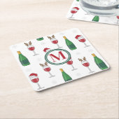 Kerstmis Santa Rendier Wijn Sneeuw Monogram Kartonnen Onderzetters (Schuin)