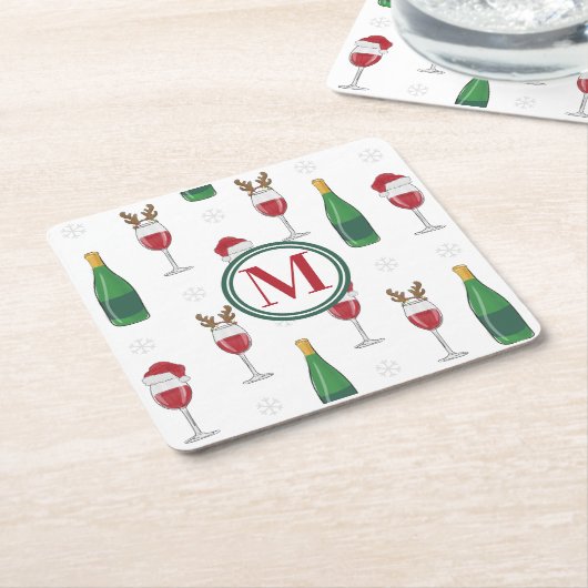 Kerstmis Santa Rendier Wijn Sneeuw Monogram Kartonnen Onderzetters (Schuin)