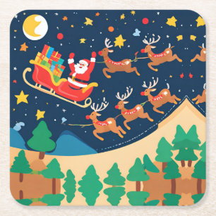 Kerstmis Santa rendieren komen naar de stad Kartonnen Onderzetters