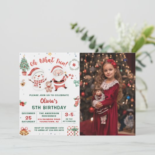 Kerstmis Santa Sneeuwman Vakantie 5e Verjaardag Kaart (Staand voorkant)