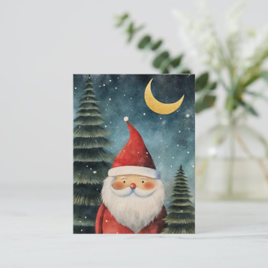 Kerstmis Santa Snowy nacht Maan Bericht Feestdagenkaart (Staand voorkant)