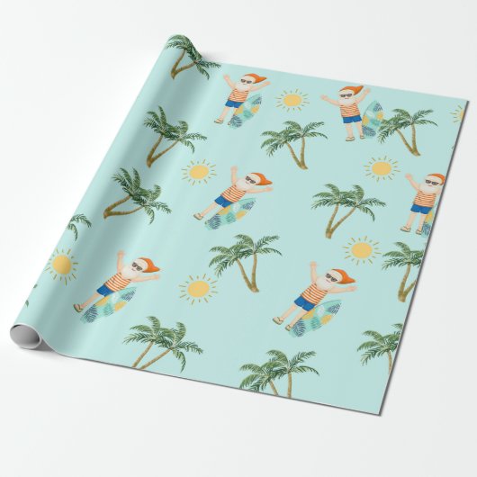 Kerstmis Santa Tropical Beach Zomer Cadeaupapier (Uitgerold)