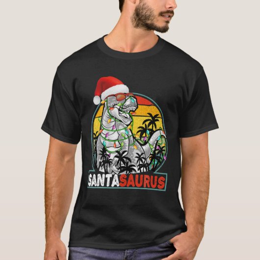 Kerstmis Santasaurus Dinosaur Rex Xmas Lichten Man T-shirt (Voorkant)