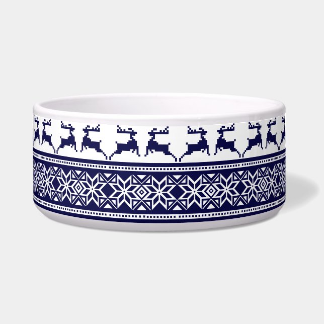 Kerstmis, Scandinavische Folk Blue en White Dog Voerbakje (Voorkant)