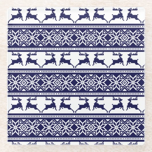 Kerstmis, Scandinavische Folk Blue en White Glazen Onderzetter (Voorkant)