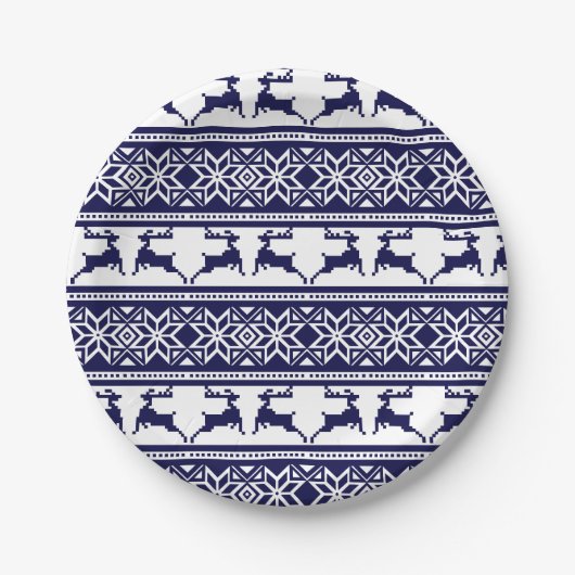 Kerstmis, Scandinavische Folk Blue en White Papieren Bordje (Voorkant)