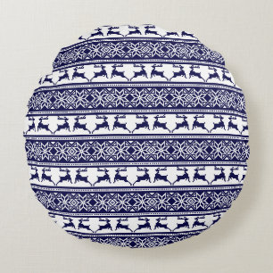 Kerstmis, Scandinavische Folk Blue en White Rond Kussen