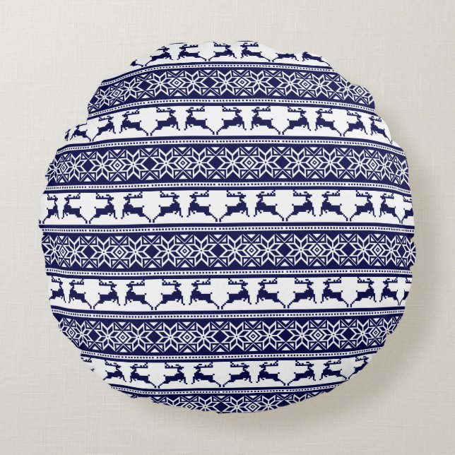 Kerstmis, Scandinavische Folk Blue en White Rond Kussen (Voorkant)