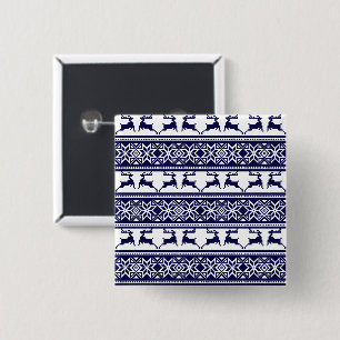 Kerstmis, Scandinavische Folk Blue en White Vierkante Button 5,1 Cm