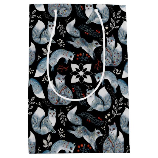 Kerstmis Scandinavische noordse grijze vos op zwar Medium Cadeauzakje (Voorkant)