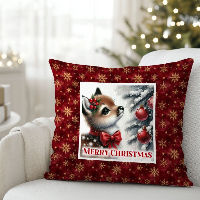 Kerstmis scène baby ree Kerstmis kussen  (Merry Christmas scene baby fawn Christmas pillow (50))
