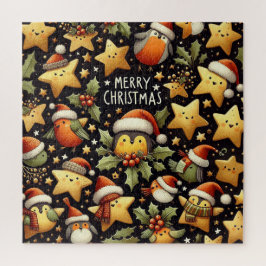 Kerstmis schattige roodborstjes en gouden sterren legpuzzel