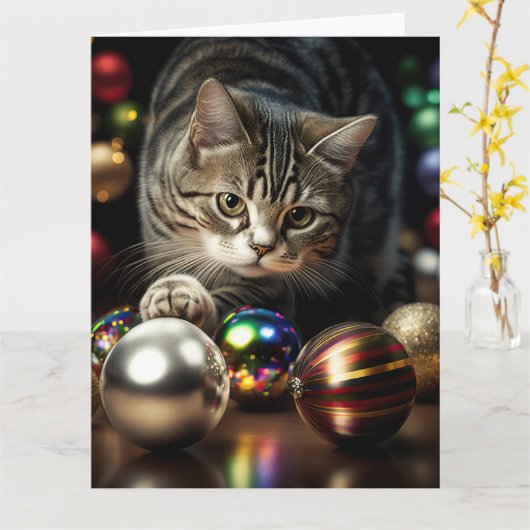 KERSTMIS SCHATTIGE TABBY CAT WENSKAART KAART (Gele Bloem)