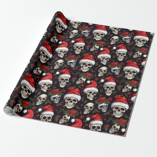Kerstmis Schedel Kerstman Hoed Gotisch Patroon Cadeaupapier (Uitgerold)