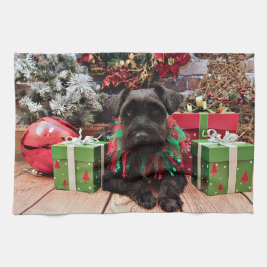 Kerstmis - Schnauzer Mix - Bentley Theedoek (Horizontaal)