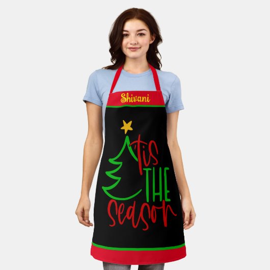 Kerstmis Schort met Eigen Naam - Cadeau met Mooie  (Gedragen)