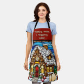 Kerstmis Schort met Huis van Gemberkoek (Gedragen)