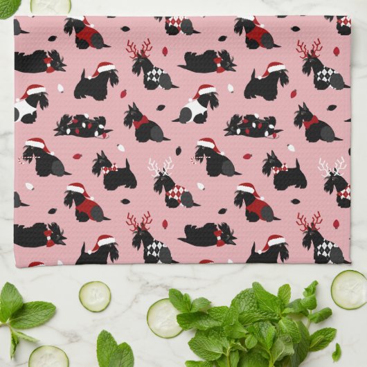 Kerstmis Schotse terrier Pink Theedoek (Gevouwen)