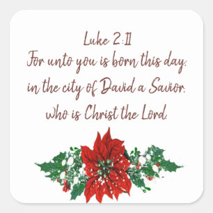 Kerstmis Schrift Lucas 2:11 Pointsettia Holly Vierkante Sticker