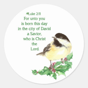 Kerstmis Schrift Luke 2:11 Chickadee Holly kunst Ronde Sticker