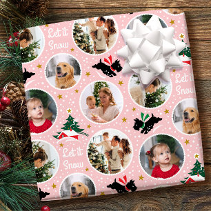 Kerstmis Scottie Hond Familie Foto Collage Roze Cadeaupapier