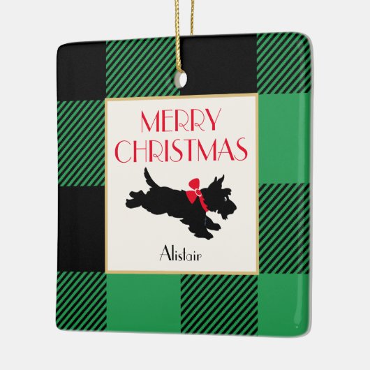 Kerstmis Scottie Hond Foto Buffel Plaid Groen Keramisch Ornament (Links)