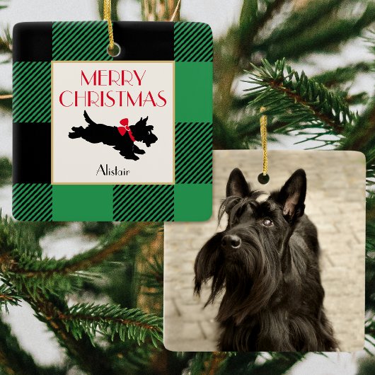Kerstmis Scottie Hond Foto Buffel Plaid Groen Keramisch Ornament