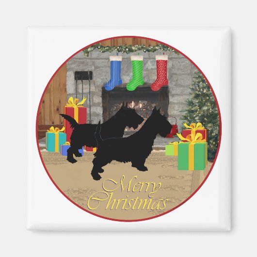 Kerstmis Scotties bij de open haard Magneet (Voorkant)