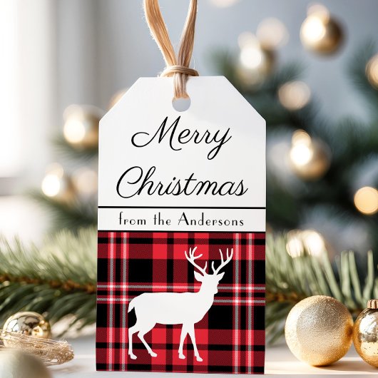 Kerstmis, Scottish Red Tartan Pset Pattern Stag Cadeaulabel