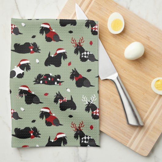Kerstmis, Scottish Terrier Green Theedoek (Quarter Fold)