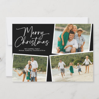 Kerstmis Script Drie Foto Collage Zwart Feestdagenkaart
