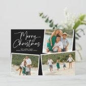 Kerstmis Script Drie Foto Collage Zwart Feestdagenkaart (Staand voorkant)