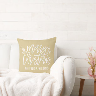 Kerstmis Script Familie Naam Tan Goud Kussen
