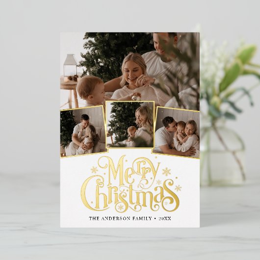Kerstmis Script Foto Collage Folie Feestdagenkaart (Staand Voorkant)