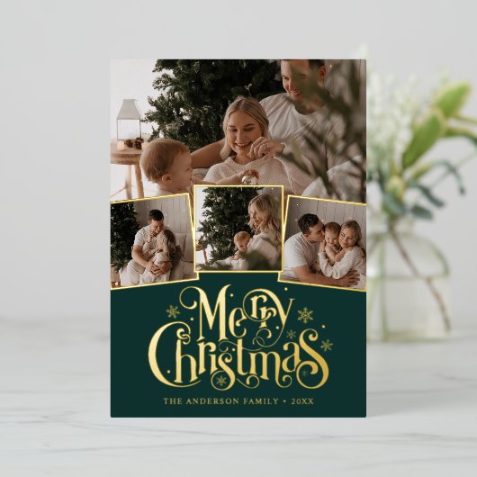 Kerstmis Script Foto Collage Folie Feestdagenkaart (Staand Voorkant)