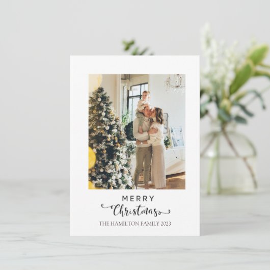 Kerstmis Script Groene Plaid Tartan Foto  Feestdagenkaart (Staand voorkant)