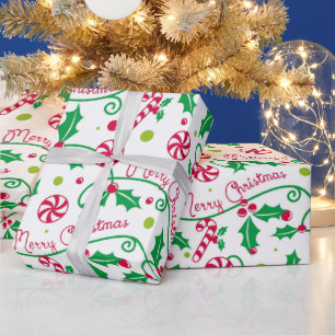 Kerstmis-script met hulst en kandijstok cadeaupapier