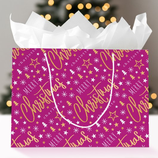 Kerstmis Script Naam Roze Nep Goud Groot Cadeauzakje