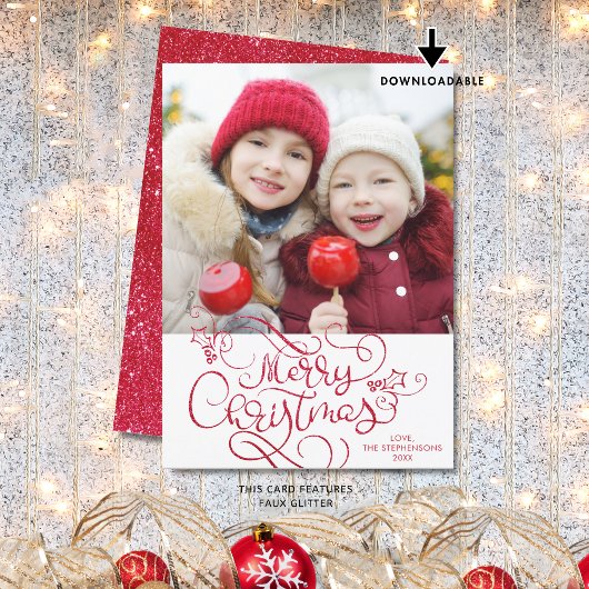 Kerstmis Script Nep Rode Glitter Foto Feestdagenkaart