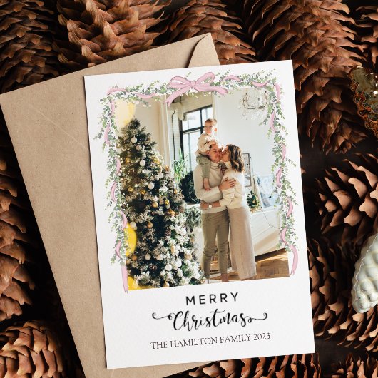 Kerstmis Script Roze Strik Foto  Feestdagenkaart