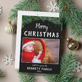 Kerstmis Scriptie Dennenboom Zwart Sneeuwvlok Foto Feestdagenkaart