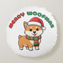 Kerstmis Shiba Inu Ronde Kussen: Prettig Woefmas