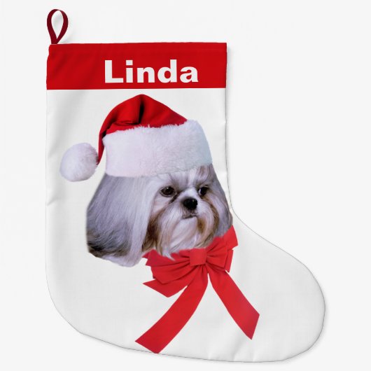 Kerstmis, Shih Tzu Dog, Santa Hat,  Grote Kerstsok (Voorkant)