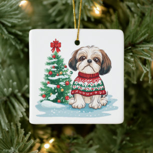 Kerstmis Shih Tzu Kerstman Hond Keramisch Ornament